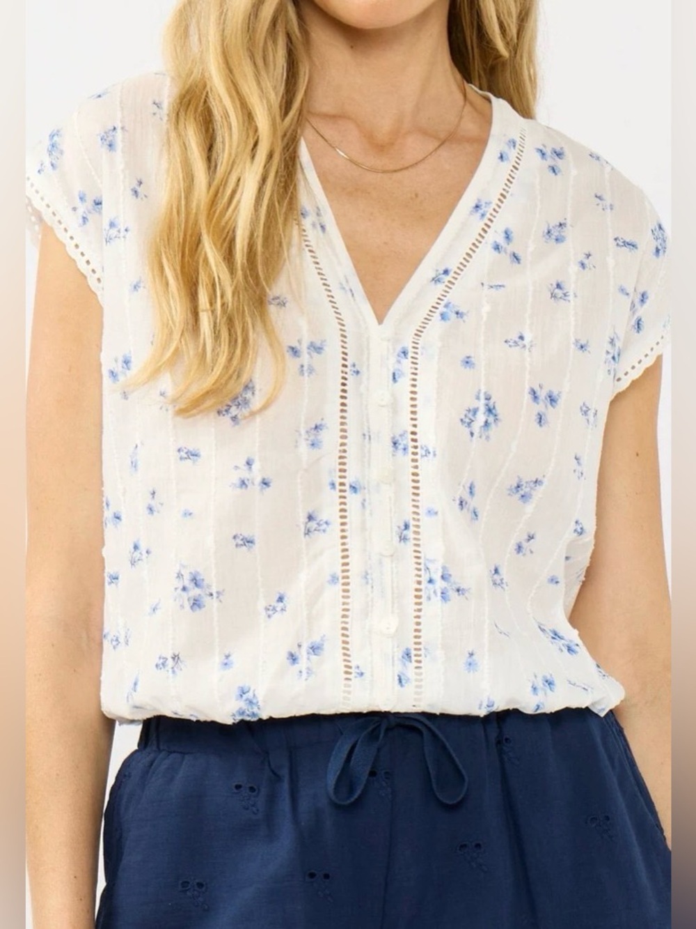 Lovestitch White & Blue Floral Button V-Neck Top